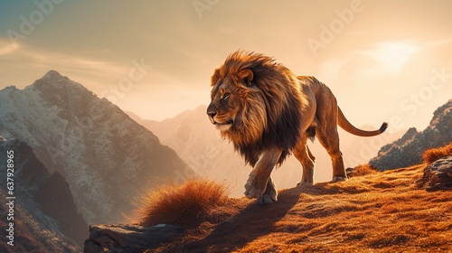 Animal wildlife photography lion with natural background in the sunset view  AI generated image