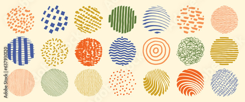 Vector hand drawn patterns set. Abstract line patterns. Modern round icons. Texture patterns collection. Contemporary scribbles isolated on white background. Lines, strips, stripes, waves and curves