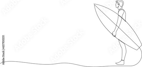 Photography Continuous one line drawing of man holding surfboard