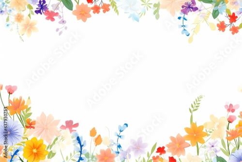 Floral border frame card template. multicolor flowers, leaves, for banner, wedding card. Springtime composition with copy-space