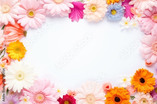 Floral border frame card template. multicolor flowers, leaves, for banner, wedding card. Springtime composition with copy-space