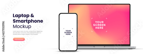 Modern laptop mockup front view and smartphone mockup high quality isolated on white background. Notebook mockup and phone device mockup for ui ux app and website presentation Stock Vector.