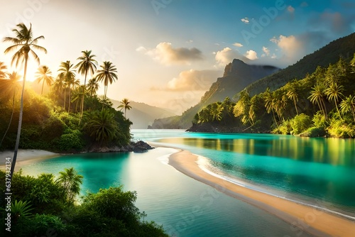 beautiful jungle beach lagoon view with a jaguar, palm trees and tropical leaves, can be used as background
