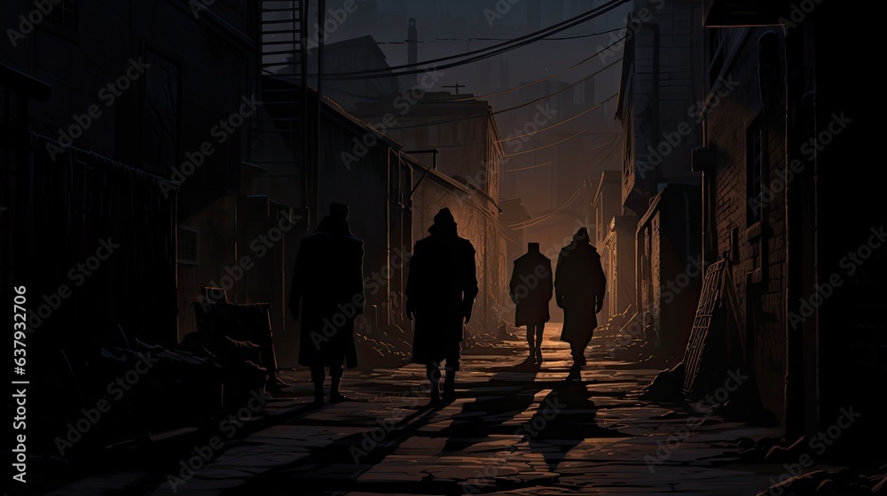 A desolate alleyway with flickering streetlights and silhouettes of lurking figures - Generative ai