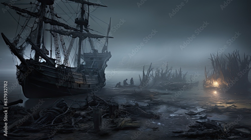 A haunted shipwreck on a foggy shoreline, with tattered sails and ghostly crew members - Generative ai - obrazy, fototapety, plakaty 