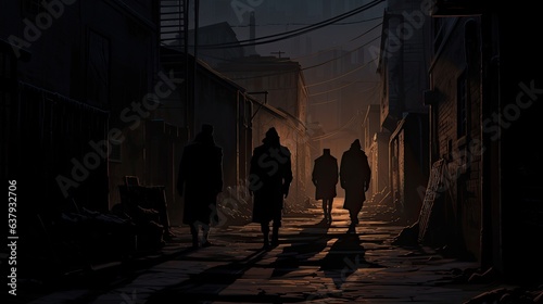 A desolate alleyway with flickering streetlights and silhouettes of lurking figures - Generative ai