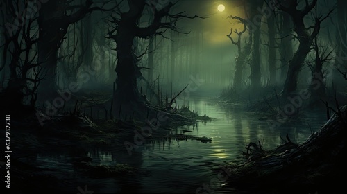 A fog-covered swamp with glowing eyes peering from the murky water - Generative ai