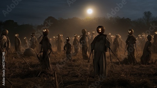 A full moon casting an unsettling glow on a field of scarecrows that appear to come to life - Generative ai