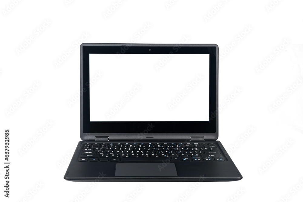 Isolated front view of a laptop computer with a white screen against white or transparent background, English Arabic QWERTY Keyboard Isolated front view of a laptop computer with a white screen against white or transparent background, English Arabic QWERTY Keyboard