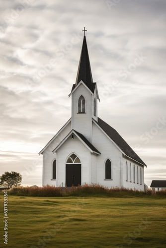 Exterior of little white country church building on a sunny day with white clouds © Slanapotam