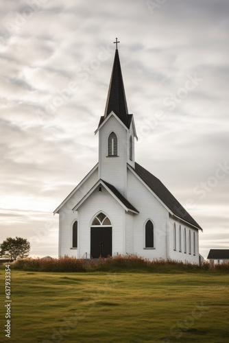 Exterior of little white country church building on a sunny day with white clouds