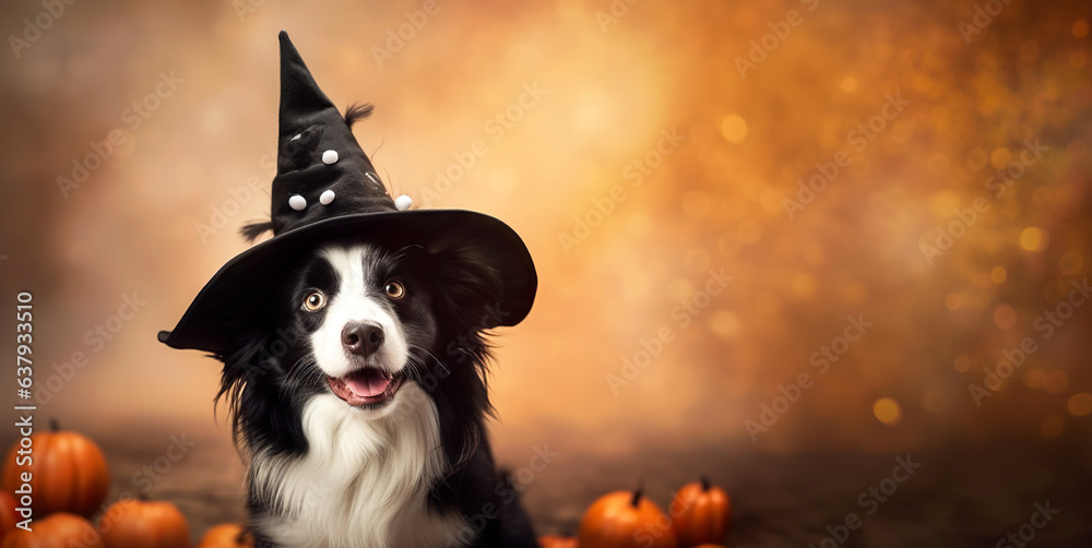 Step into an enchanting Halloween world with a charming black and white dog wearing a witch hat, set against a backdrop of magic