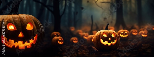 Step into an eerie Halloween night where a spooky forest is illuminated by the warm glow of countless jack-o'-lantern pumpkins