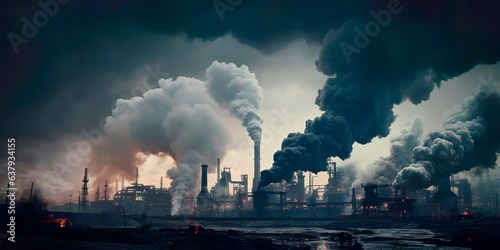 industrial factory spewing thick  black smoke into the atmosphere  contributing to air pollution. Generative AI