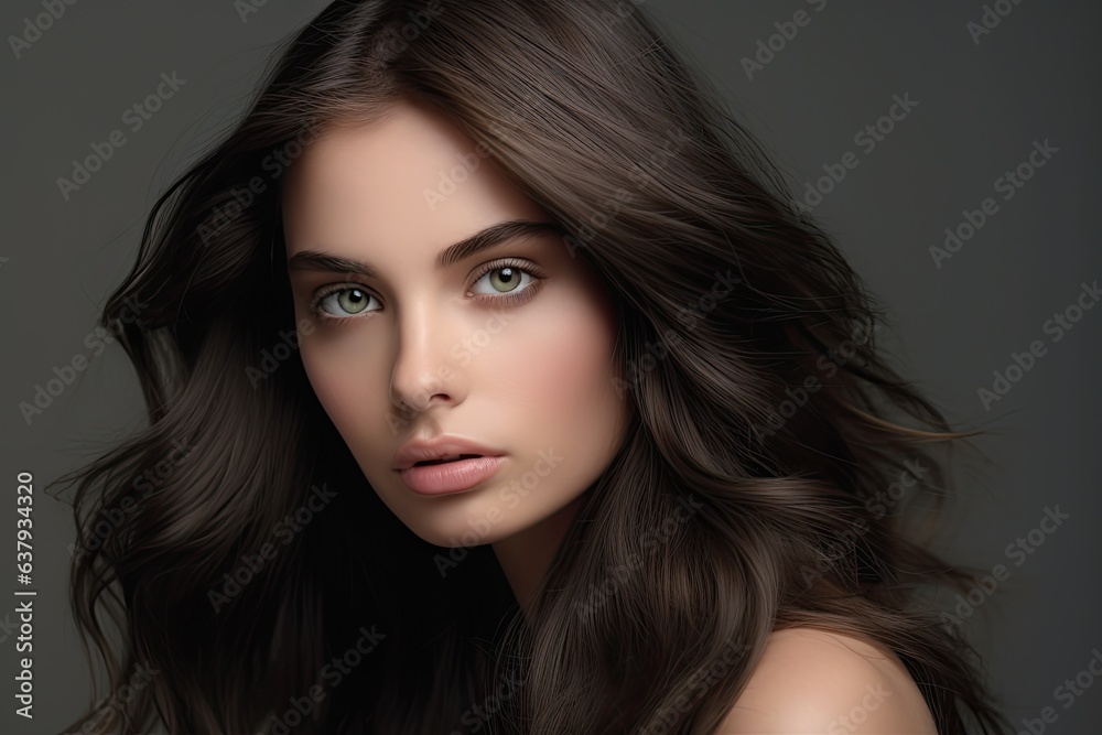 Fototapeta premium Portrait of a gorgeous attractive brunette with well-groomed hair, close-up. AI generation.
