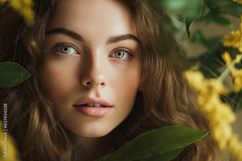 Portrait of a pretty brunette girl on the background of leaves and flowers. Concept of natural cosmetics. AI generation. Portrait of a pretty brunette girl on the background of leaves and flowers. Concept of natural cosmetics. AI generation.