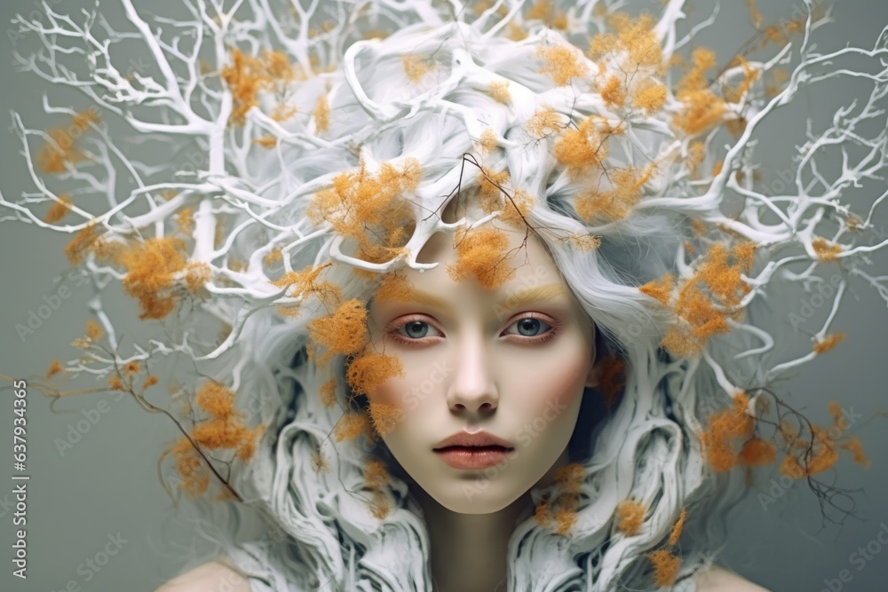 Creative portrait of cute blonde girl with flowers and branches in her hair, close-up. Creative hairstyle concept. AI generation.