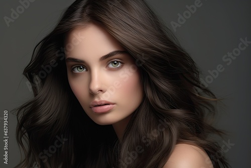 Portrait of a gorgeous attractive brunette with well-groomed hair, close-up. AI generation.