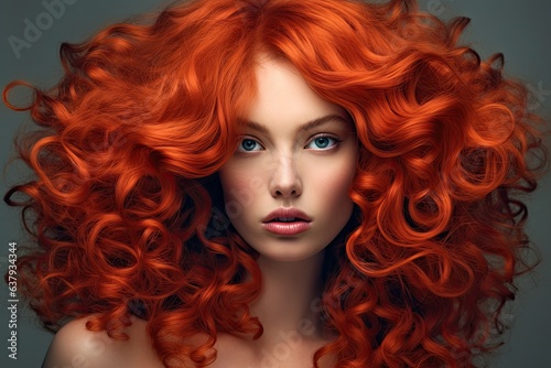 Close-up portrait of an attractive young girl with gorgeous red hair. AI generation.