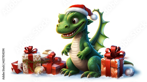 A cartoon green dragon in a Santa hat holds a red gift and sits next to a Christmas tree. Generative. © Свет Лана