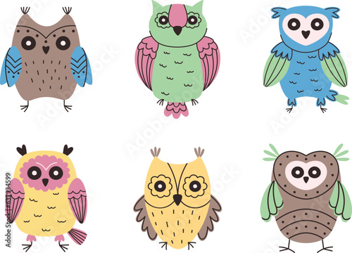 A set of cute colorful owls with ornaments. Vector design in folk Scandinavian style. Birds for postcards, t-shirts, notebooks and posters.