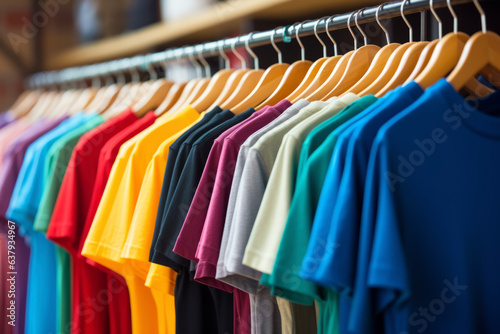 Colorful plain T-shirts hang on hangers, blurring the interior of the store. Abstract shopping lifestyle concept.