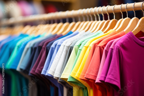 Colorful plain T-shirts hang on hangers, blurring the interior of the store. Abstract shopping lifestyle concept.