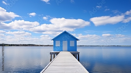 Blue boat station with small building. Beautiful illustration picture. Generative AI
