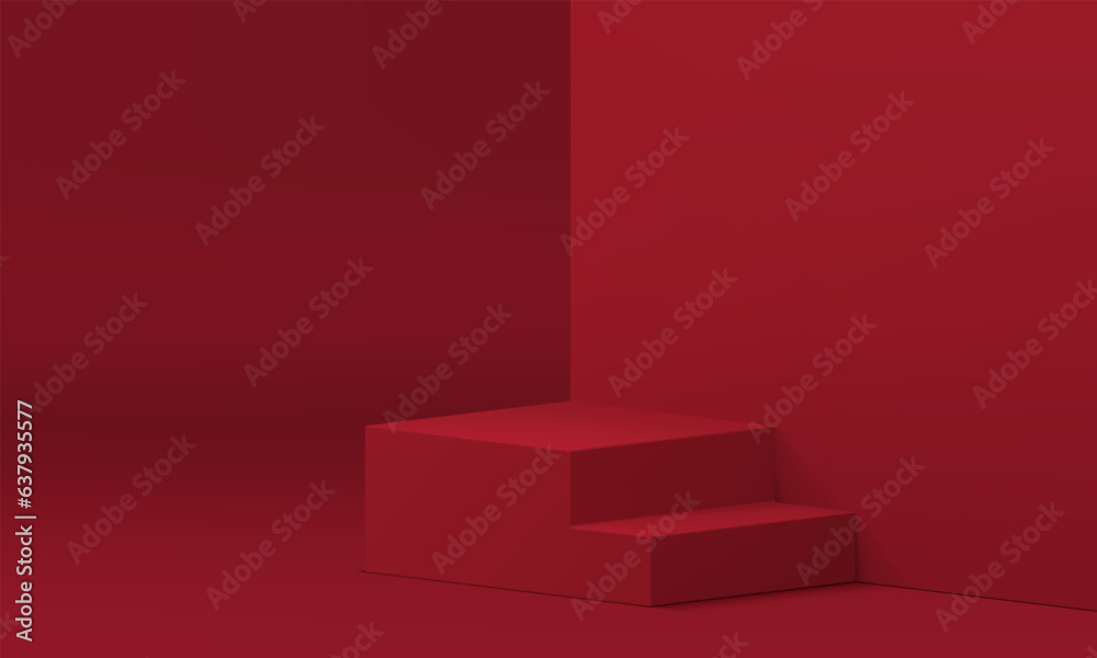 Red 3d podium pedestal staircase with steps showroom display interior realistic vector Red 3d podium pedestal staircase with steps showroom display interior realistic vector