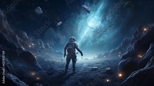 Cosmonaut in suit is on the other planet. Beautiful illustration picture. Generative AI