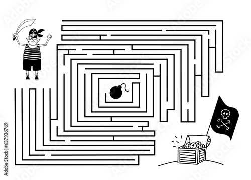 Labyrinth is an educational game for children. Help the pirate find the way to the treasure chest. Puzzle or logic quest for children's books, educational preschool games, teen magazines.