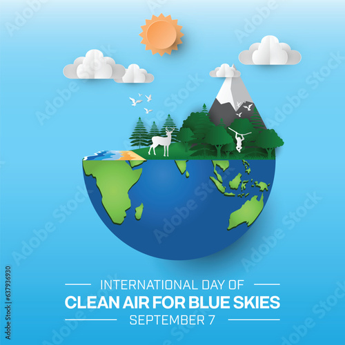 International Day of Clean Air for Blue Skies design. It features paper style half globe with nature elements jungle, mountain, sun, and cloud on light blue background. Vector illustration
