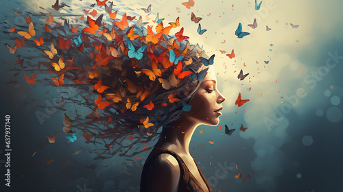AI-Generated Tribute for World Mental Health Day with a Girl's Profilе and Fluttering Butterflies photo