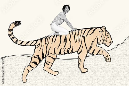 Composite picture abstract photo collage of ecstatic overjoyed woman riding tiger in savanna isolated on creative painted background