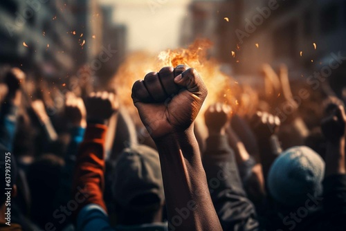 Leinwand Poster Raised fist of afro american man in large angry protest riot crowd of people
