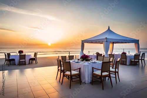 Wedding reception event set up at resort on ocean