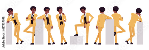 African american yellow suit man, businessman set, different lean poses. Standup performer comedian, office consultant, entertainer. Vector flat style cartoon character isolated, white background