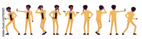 African american yellow suit man, businessman set, negative emotions. Sad standup performer comedian, office consultant, entertainer. Vector flat style cartoon character isolated, white background