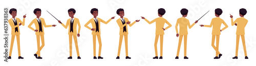 African american yellow suit man, businessman set, point, show, present pose. Standup performer comedian, office consultant, entertainer. Vector flat style cartoon character isolated, white background