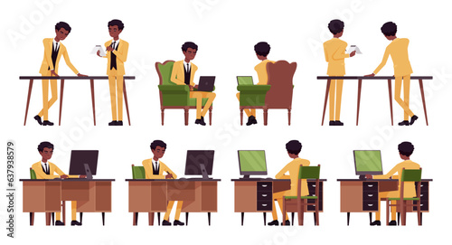 African american yellow suit man, businessman set, busy workplace. Manager, standup performer comedian, office consultant, entertainer. Vector flat style cartoon character isolated, white background