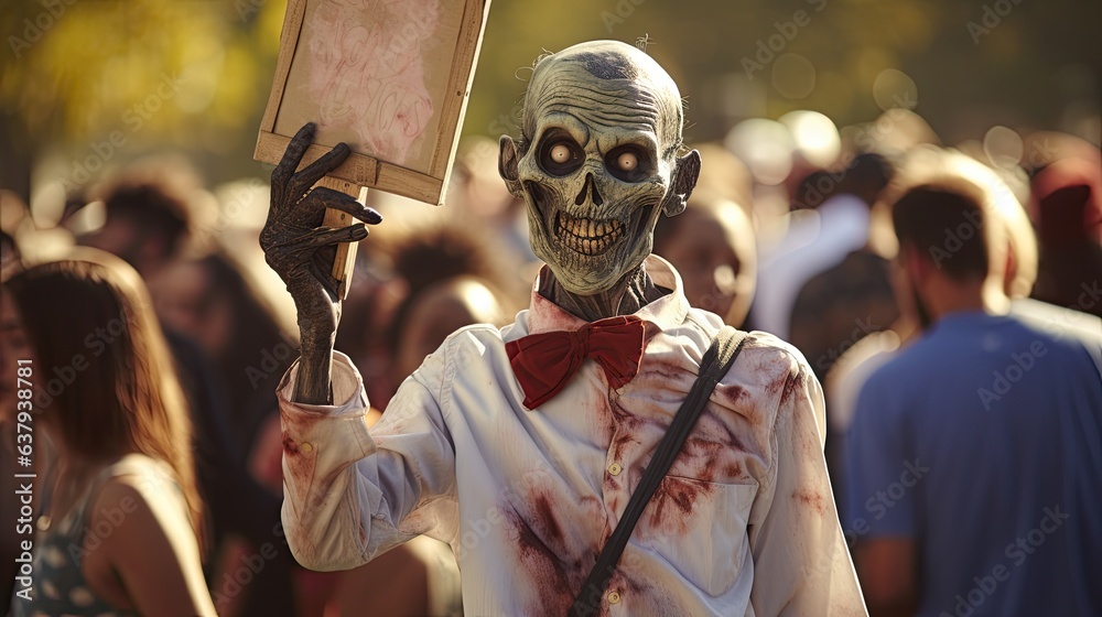 A friendly zombie holding a blank sign at a goofy zombie gathering - Generative ai - obrazy, fototapety, plakaty 