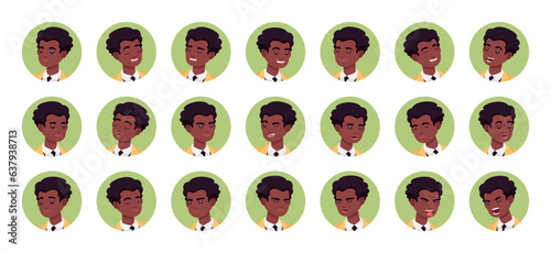 African american businessman avatar, office manager portrait set business employee bundle. Different emotions face icons, character pic. Vector flat style cartoon circle set isolated, white background