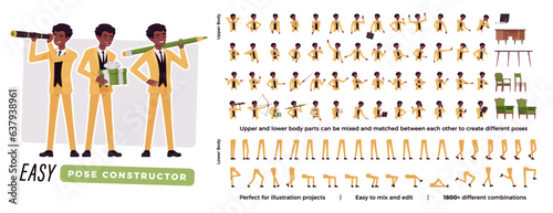 African american businessman character easy pose constructor. Office man drag, drop set, male body match, figure building. Vector flat style cartoon construction kit isolated on white background