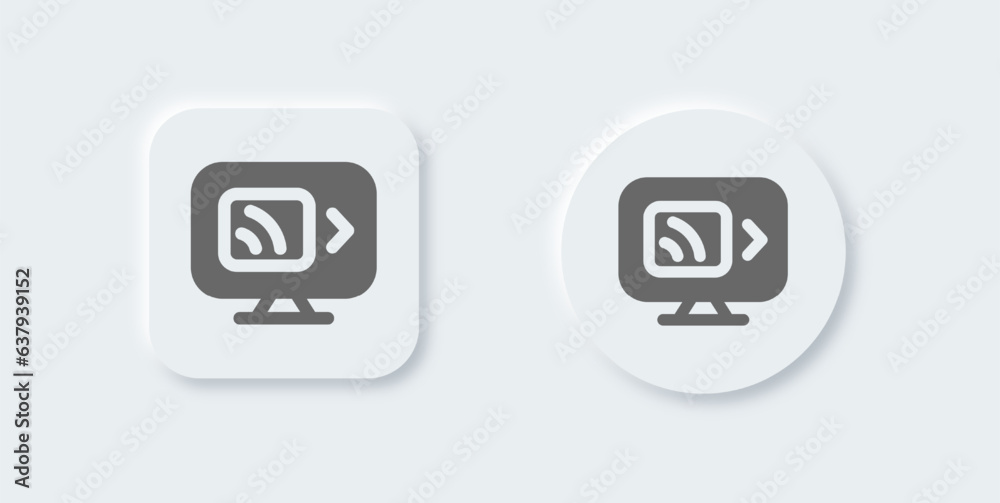 Screen mirroring solid icon in neomorphic design style. Wireless display signs vector illustration. Screen mirroring solid icon in neomorphic design style. Wireless display signs vector illustration.