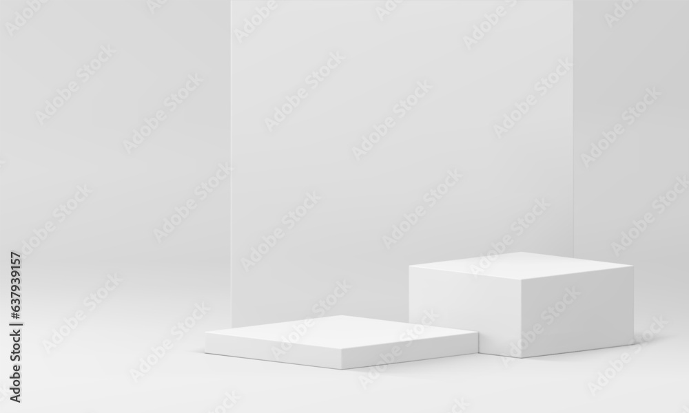 Realistic white podium 3d showroom interior with wall backdrop for product presentation vector Realistic white podium 3d showroom interior with wall backdrop for product presentation vector