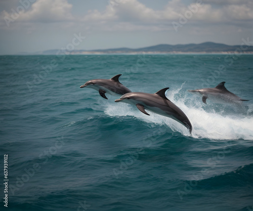 A two dolphins jumping out of water