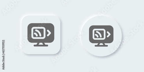 Screen mirroring solid icon in neomorphic design style. Wireless display signs vector illustration.