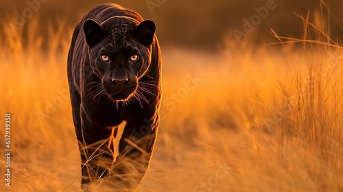 Print op canvas Animal wildlife photography black panther with natural background in the sunset