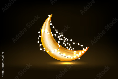 3D Crescent Moon Decorated By Lighting Garland On black Background And Copy Space.