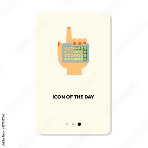 Hand holding blister with pills flat icon. Vertical sign or vector illustration of painkillers or drugs for treatment or therapy. Medicine, pharmacy, health concept for web design and apps